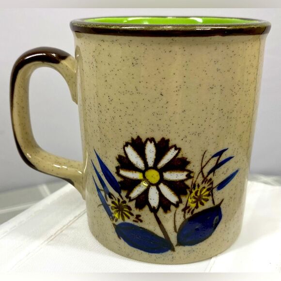 Stoneware Coffee Cup White Brown Cobalt Blue Flower Green Interior Mug Vtg 70s - Picture 3 of 11